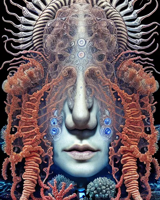 Image similar to realistic detailed underwater face portrait of the beautiful young god of the fish of the fractal waters with an intricate headgear of corals, sea kelp, sea plants, fish, starfish, jellyfish, art by ernst haeckel, zdzisław beksinski, hieronymus bosch, gothic, neo - gothic, ornamental, beautiful deep colours,