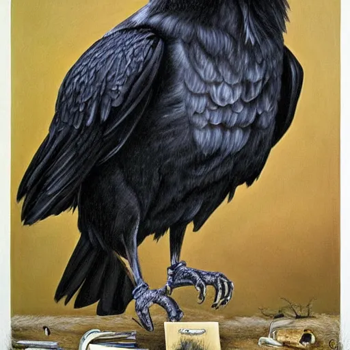 Image similar to a raven painting a self portrait by Laurie Lipton