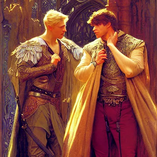 Image similar to handsome arthur pendragon in love with handsome merlin the mage. merlin is also in love with arthur. highly detailed painting by gaston bussiere, craig mullins, j. c. leyendecker