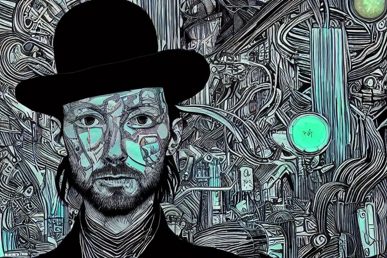 Image similar to A portrait of Thom Yorke as a cyberpunk wearing a bowler hat, iridescent highlights, background by Joe Fenton, highly detailed, intricate, soft, sci-fi, sharp focus, glowing lines, art by artgerm