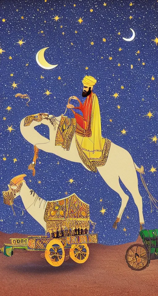 Image similar to an arabian merchant drives his caravan through the desert at night, moon and stars in night sky, stunning, detailed art