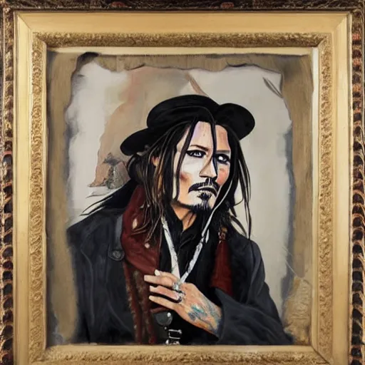 Image similar to a full length portrait painting of johnny depp painted during the dark ages in europe