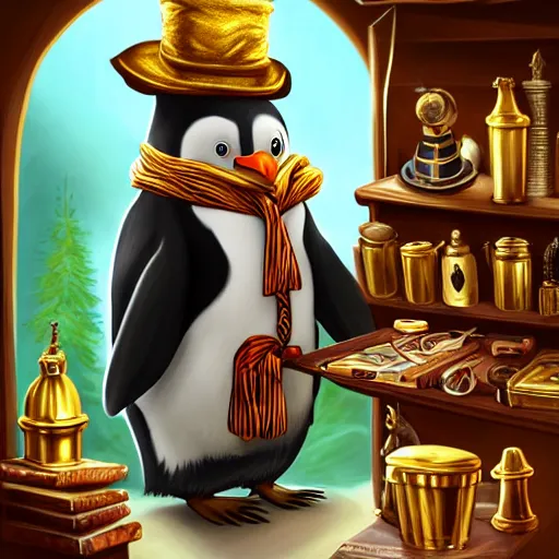 Image similar to Anthropomorphized penguin trader in his shop, selling his wares, portrait, items, gold, magic potions, carpet, window, fancy hat, sly expression , cunning expression, cute expression, long thick shiny gold beak, presenting wares, holding a gold bag, D&D, fantasy, cinematic lighting, highly detailed, digital painting, artstation, concept art, smooth, sharp focus, illustration, warm light, cozy warm tint, magic the gathering artwork, volumetric lighting, 8k, art by Akihiko Yoshida, Greg Rutkowski