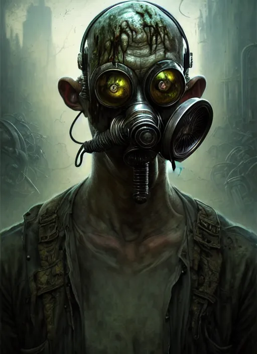 Prompt: portrait shot of zombie with gasmask in a scenic dystopian environment, intricate, elegant, highly detailed, centered, digital painting, artstation, concept art, smooth, sharp focus, illustration, artgerm, tomasz alen kopera, peter mohrbacher, donato giancola, joseph christian leyendecker, wlop, boris vallejo