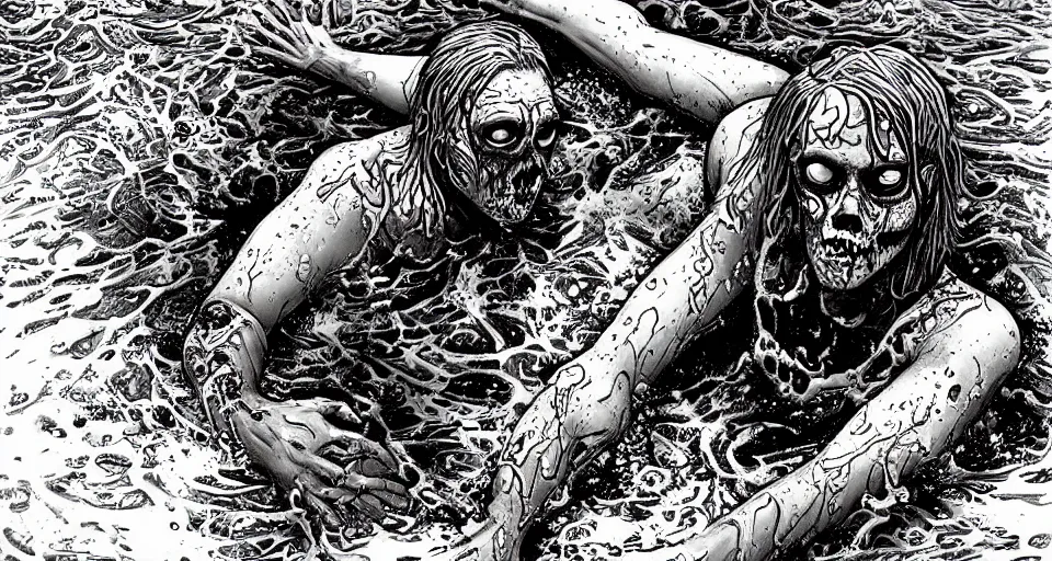 Image similar to highly detailed full body portrait of a zombie swimming underwater in a zombie - apocalypse, in a swimming pool, style tony moore walking dead