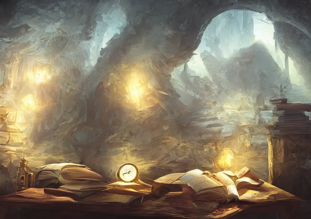 Image similar to a painting of a lone magical book laying open on a desk, fantasy concept art, golden hour, cinematic lighting, highly detailed