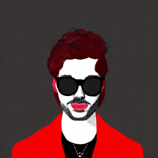 Prompt: portrait of a stylish man wearing triangular sunglasses, pop art, digital art, white and red color scheme n-9