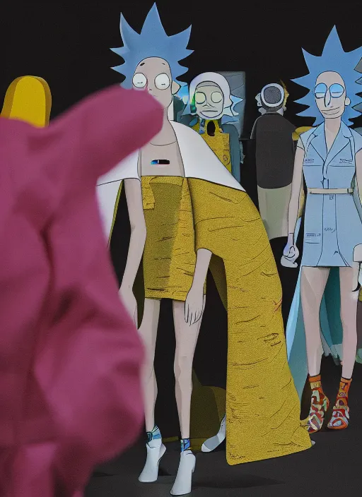 Prompt: hyperrealistic and heavy detailed balenciaga runway show of rick and morty , Leica SL2 50mm, vivid color, high quality, high textured