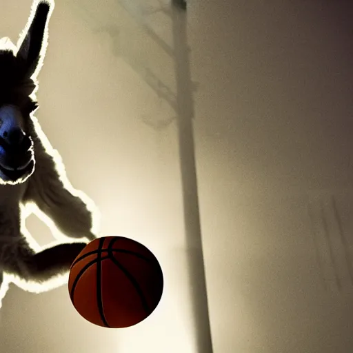 Image similar to film still of a llama dunking a basketball, low angle, extreme long shot, indoors, dramatic backlighting