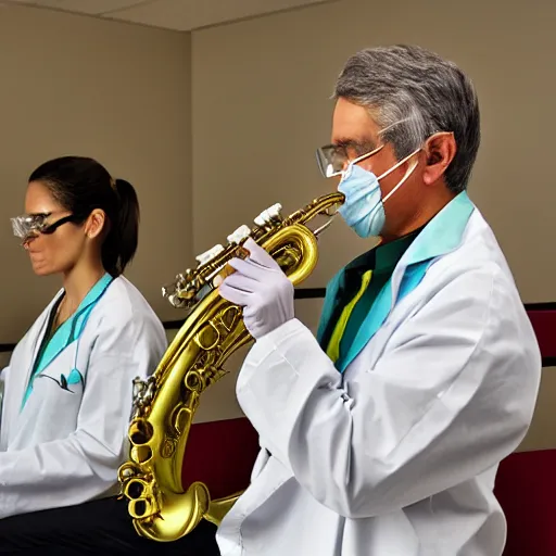 Image similar to doctors playing saxophone made out of clear tubing, syringes, urine collection bag, iv pole, fluid bag, nebulizer equipment, bag - valve mask, intubation equipment, speculum, defibrillator, coban. concert in surgical theater.