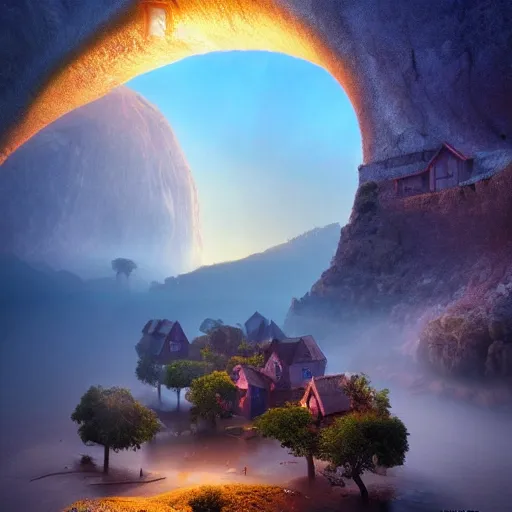 Prompt: amazing photo of a village in a donut shaped planet, digital art, by marc adamus, beautiful dramatic lighting