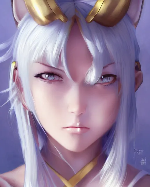 Prompt: a frontal portrait of a very beautiful anime girl pope with cat ears, white hair, gold skin, digital painting, art by wlop artgerm ilya kuvshinov, sharp focus, highly detailed