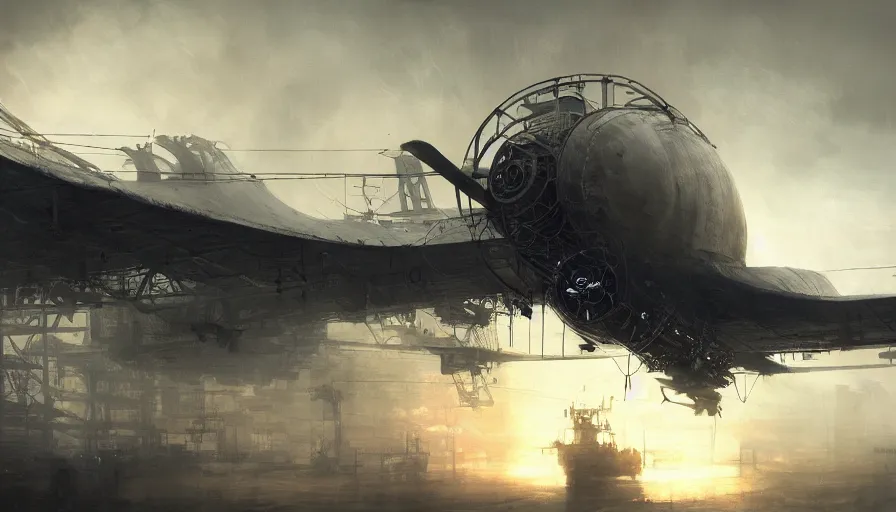 Prompt: Dieselpunk silent hill, giant airships in the sky, aeroplane, steam, epic composition, intricate, elegant, volumetric lighting, digital painting, highly detailed, artstation, sharp focus, illustration, concept art, ruan jia, steve mccurry