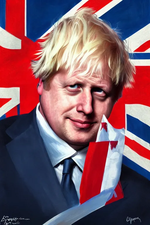 Image similar to Boris Johnson as a superhero with Union Jack flag, portrait, highly detailed, digital painting, artstation, concept art, smooth, sharp focus, soft volumetric lights, illustration, cinematic lighting, art by artgerm and greg rutkowski and alphonse mucha