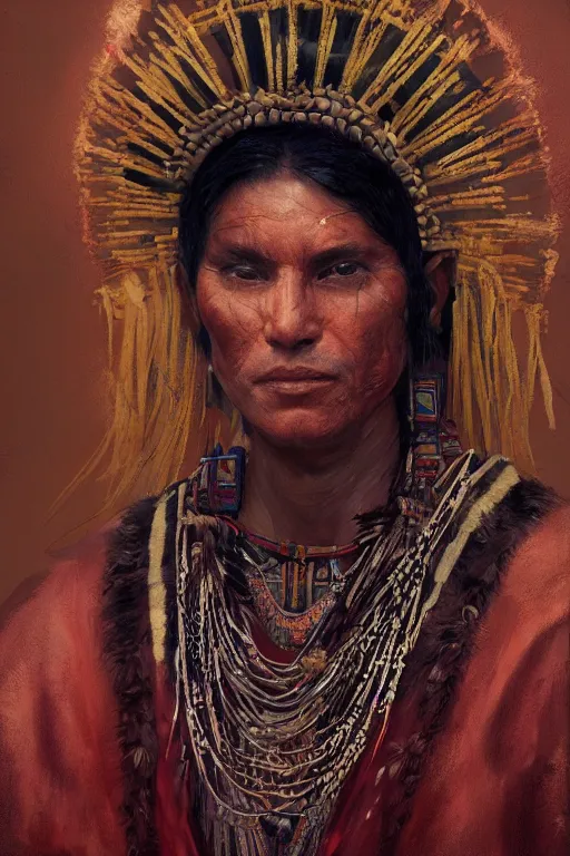 Prompt: aztec priest, close - up portrait, devoted, intricate, elegant, volumetric lighting, scenery, digital painting, highly detailed, artstation, sharp focus, illustration, concept art, ruan jia, steve mccurry