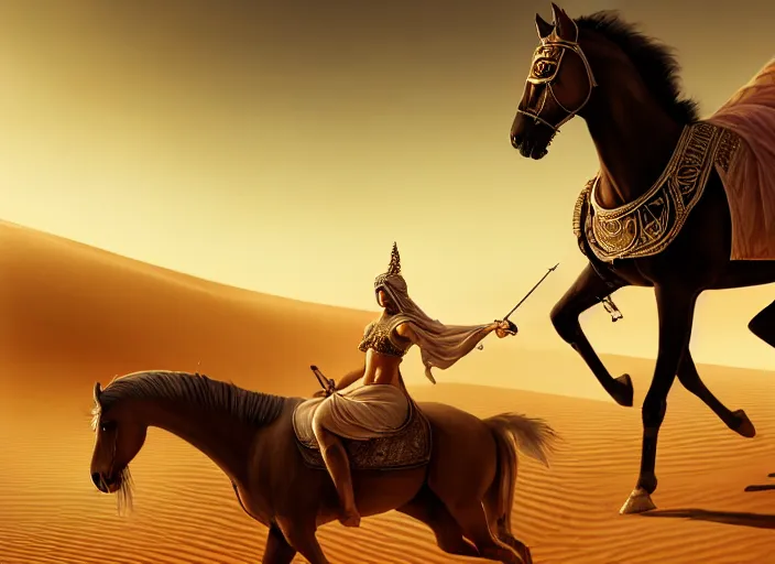 Image similar to arabian knight on arabian horse in the desert, sand environment, illustration, symmetrical, smoky, unreal engine, colors, epic scene, fantasy art by greg rutkowski,, golden raito, high quality, intricate details, details, intricate, atmosphere, highly detailed, matte painting, cinematic, deviantart, realistic, concept art, 4 k