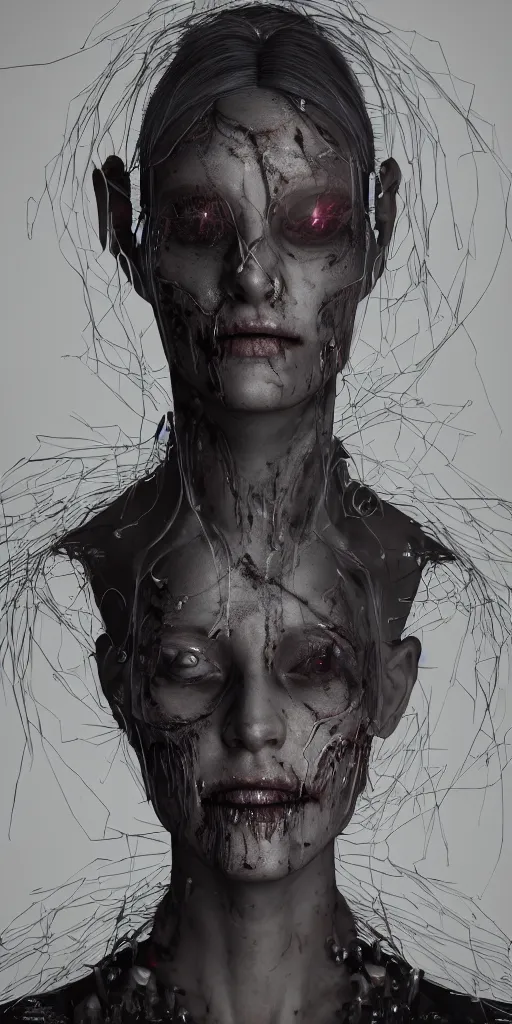 Prompt: Portrait of an impossibly beautiful undead cyberpunk, gorgeous, single face, full body, intricate complexity, horror, trending on art station, photoreal, 8k, octane render