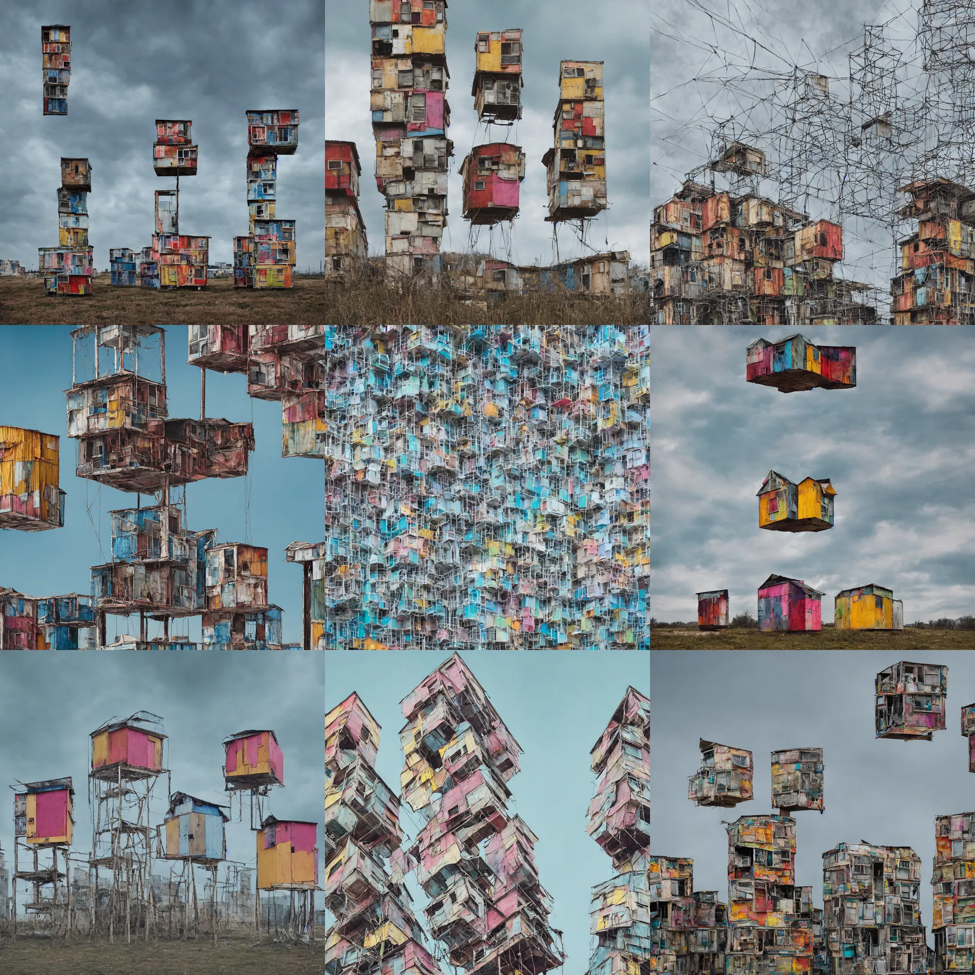 Prompt: close - up view of two symmetrical suspended towers made up of colourful makeshift squatter shacks, faded colours, uniform off - white sky, dystopia, hasselblad x 1 d, very detailed, photographed by cristina de middel