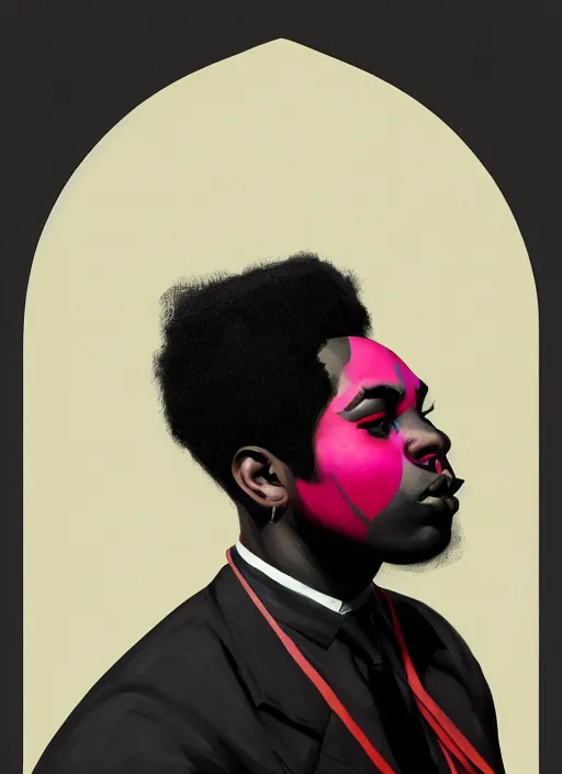 Image similar to portrait of a wide faced black man with a crooked nose and a confident expression, 1 9 6 0 s, black clothes, goth, punk, brightly coloured hair, funk, intricate, elegant, highly detailed, digital painting, artstation, concept art, smooth, sharp focus, illustration, art by wlop, mars ravelo and greg rutkowski