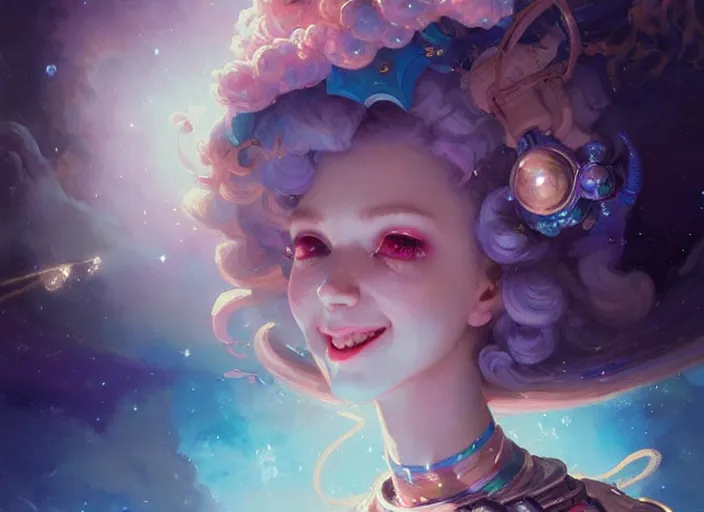 Image similar to close up picture of an maximalist dress magical girl, neat hair, smiling, extremely beautiful and aesthetic and detailed cute face and eyes, wipe out evils with cute astronaut familiar sprites, magical beam, chiaroscuro, intricate, masterpiece, fantasy illustrations by peter mohrbacher and anato finnstark and jeremy lipking