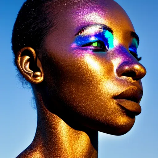 Image similar to portrait of iridescent metalic face, african woman, reflections, proud looking, outdoor, blue sky, 8 k, realistic, depth of field, highly detailed, art photography