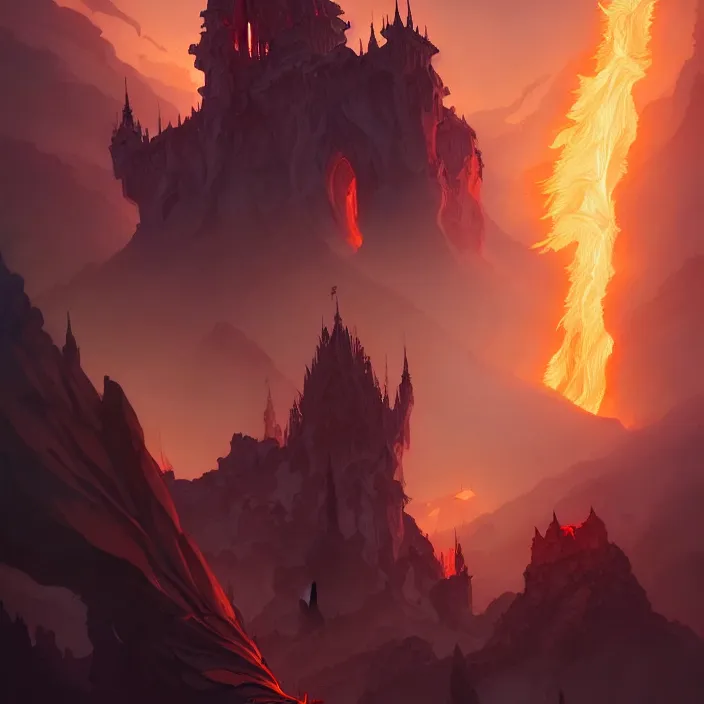 Prompt: style artgerm, joshua middleton, ellen jewett, a castle of brimstone, very long spires, fire swirling, detailed, volcano background setting, volumetric lighting