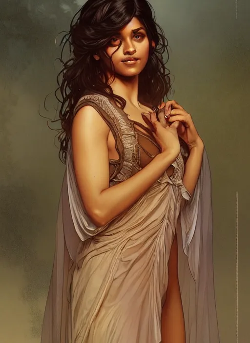 Image similar to cute brown woman wearing a transparent night gown, fantasy, intricate, highly detailed, digital painting, artstation, concept art, wallpaper, smooth, sharp focus, illustration, art by artgerm and greg rutkowski and alphonse mucha