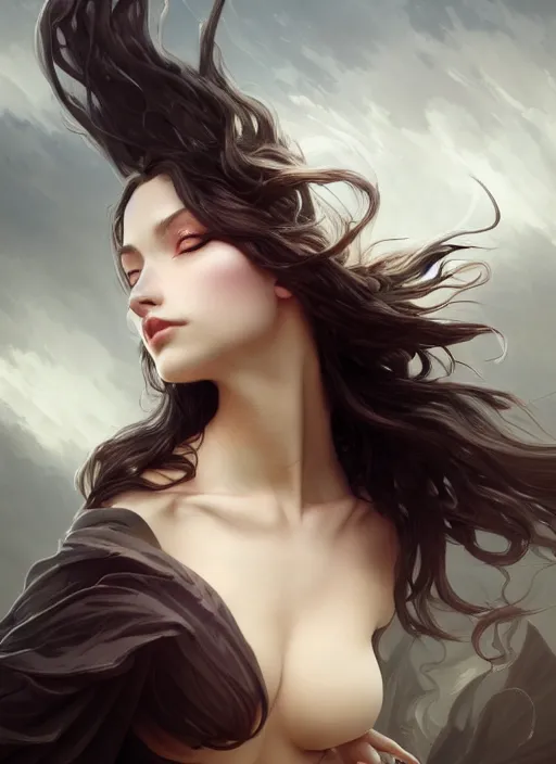 Image similar to photography of a seductive wind swept death, full body portrait, deep focus, d & d, fantasy, intricate, elegant, highly detailed, digital painting, artstation, concept art, matte, sharp focus, illustration, hearthstone, magic the gathering, art by artgerm and greg rutkowski and alphonse mucha