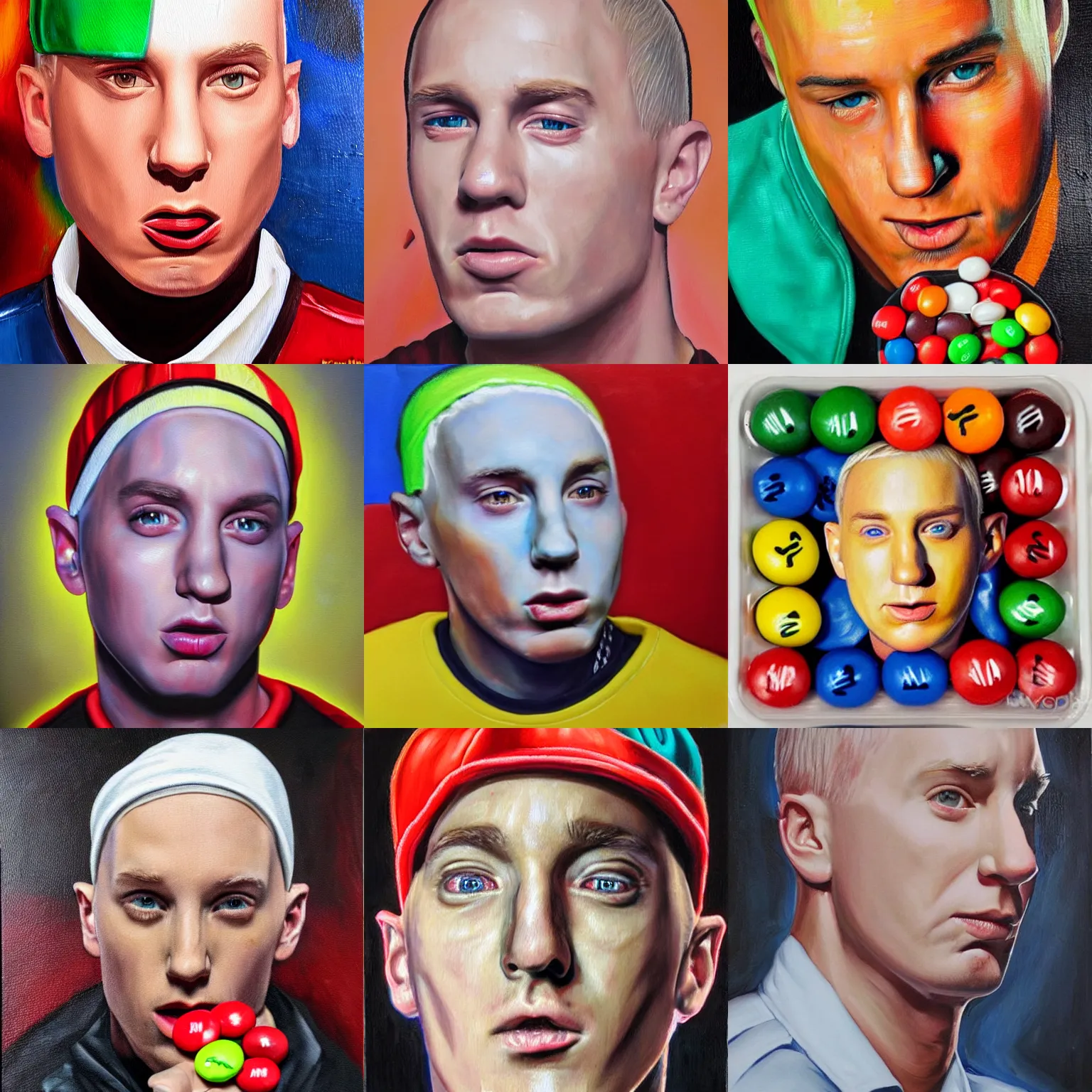 Prompt: an m & m candy that looks like eminem, oil painting