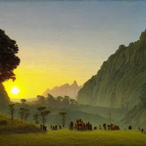 Prompt: sunrise in august, workers harvesting cannabis field, village and mountains in the background, by caspar david friedrich