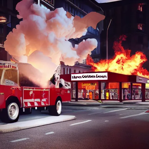 Image similar to colonel sanders fire bombing a macdonalds restaurant, hyper real, 8 k, octane render, vivid, bright, photo realistic, city street