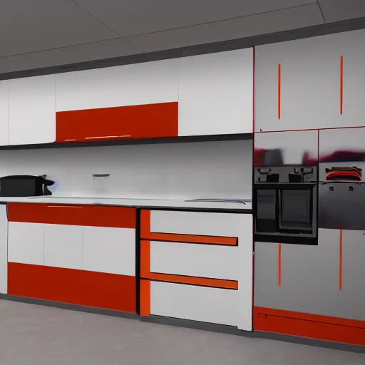 Image similar to 1970's futurist interior kitchen, furnished by aero aarino, primary colors are white, orange, yellow, and red unreal engine 8k resolution