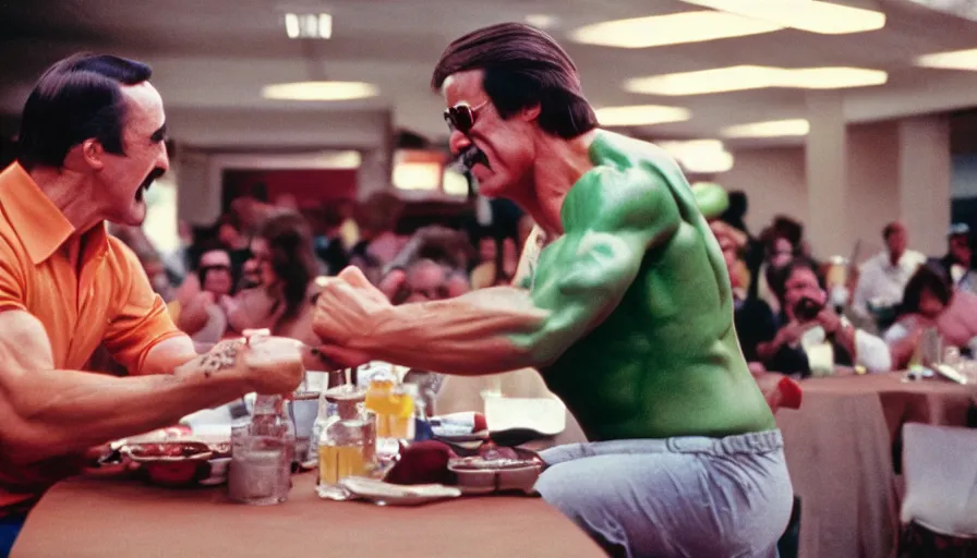 Prompt: 7 0 s movie still of peewee herman arm wrestling hulk hogan, cinestill 8 0 0 t _ 3 5 mm eastmancolor, heavy grain, high quality, high detail