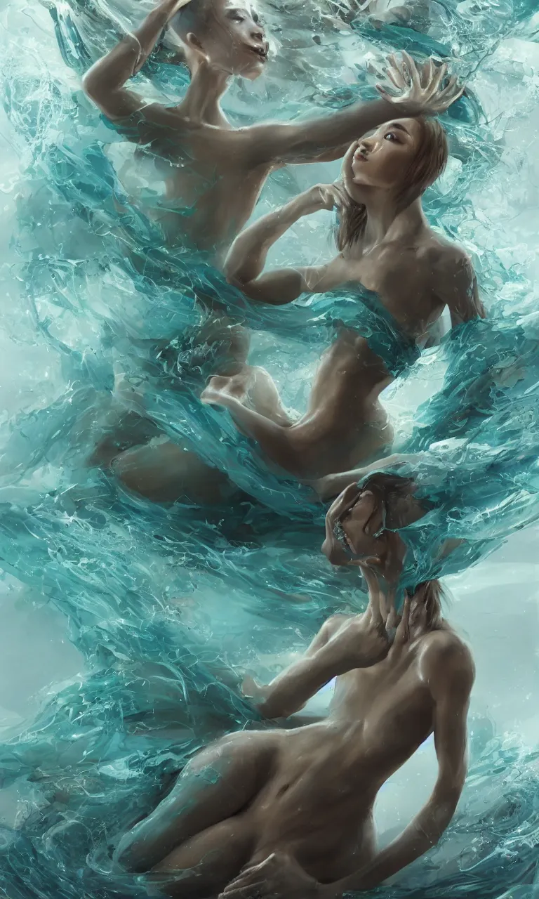 Prompt: a lovely rare sea creature ,she is like a top model body woman with a round skull, small black eyes, blue-green fish skin, long fingers with membranes on hands and feet, fine and shiny moist skin incredibly attractive, by Stanley Artgerm Lau, WLOP, Rossdraws, ArtStation, CGSociety, concept art, cgsociety, octane render, trending on artstation, artstationHD, artstationHQ, unreal engine, 8k, cinematic lighting