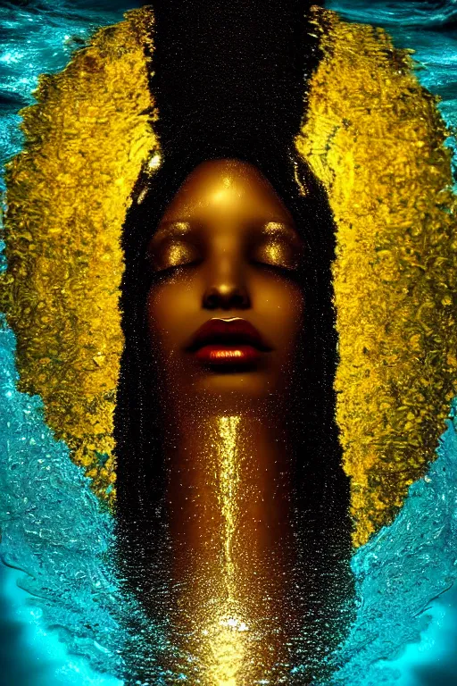 Image similar to hyperrealistic post - romantic cinematic very expressive! black oshun goddess, in water up to her shoulders, mirror dripping droplet!, gold flowers, highly detailed face, digital art masterpiece, smooth eric zener cam de leon chiaroscuro pearlescent teal light, tilt angle uhd 8 k, sharp focus