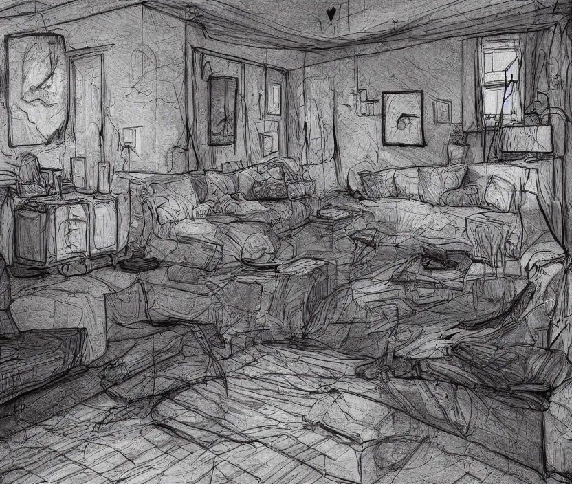 Image similar to An of interior of a living room at night, rotoscoped, rotoscope, photoshop, photomanipulation, realism, painting, illustration and sketch, weird scribbles, hybrid styles, hybrid art styles, mismatched, trending on artstation, trending on deviantart, weird, quirky, interesting, very detailed, highly detailed, HD Quality, 4k resolution, 8k resolution, in the style of David Firth, in the style of James Lee, in the style of Drue Langlois,