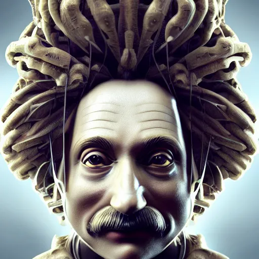 Prompt: masterpiece portrait ethereal biomechanical einstein with incredible hair, crystal incrustations, hyper - detailed face, elegant posed, intricate, octane render, cinematic lighting, cgsociety, unreal engine,