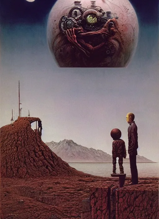 Image similar to hyper realistic end of the world by zdzisław beksinski and norman rockwell and greg rutkowskiweta studio, tokyo futuristic in background, and lucasfilm, realm of the ovarian machine, horror art, the darkest hour