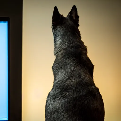 Prompt: barking angry dog looking at monitor photo dramatic lighting from behind
