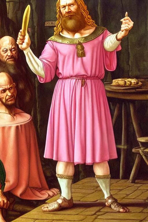 Prompt: male dwarfish cleric wearing a pink ballerina dress, holding a holy symbol, he is preaching. the background is a friendly tavern. The mood is friendly and welcoming. dungeons and dragons, highly detailed, digital painting, artstation, concept art, sharp focus, illustration, art by Leonardo da Vinci and Michelangelo and Botticelli