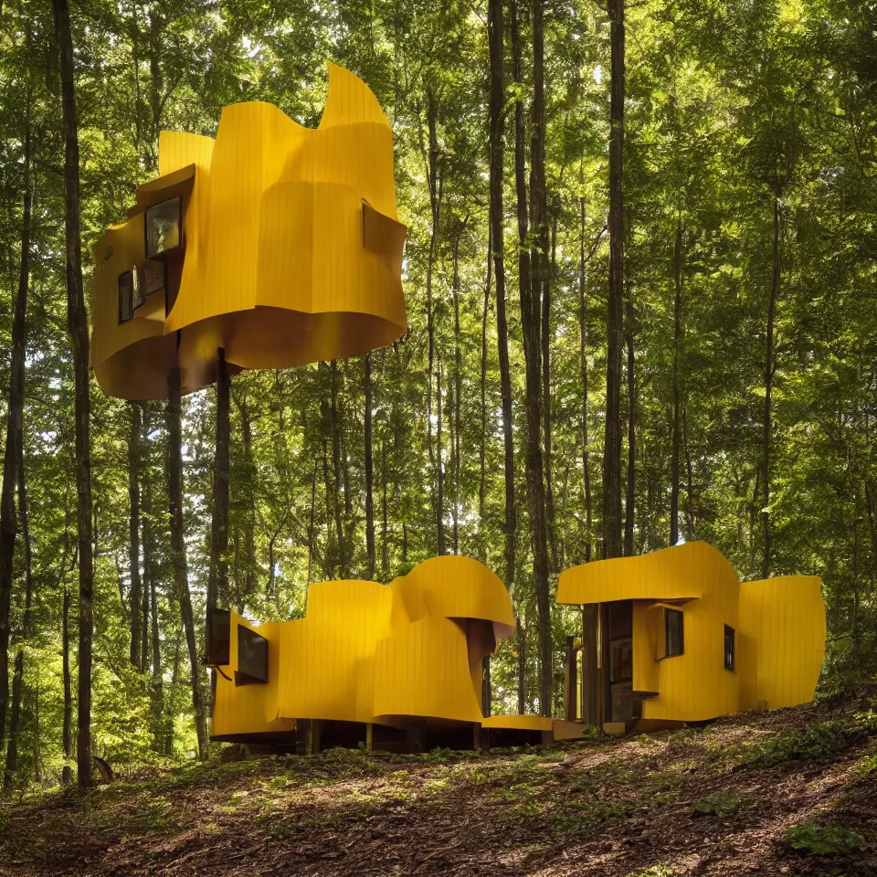 Image similar to a tiny house in the forest, designed by Frank Gehry. Tiles. Film grain, cinematic, yellow hue