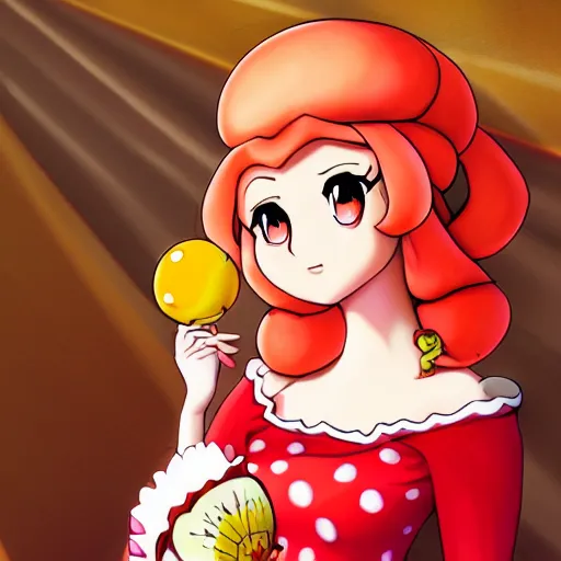 Prompt: princess peach holding a red and white spotted mushroom, beautiful portrait, Danbooru, anime, HD wallpaper, detailed, digital art