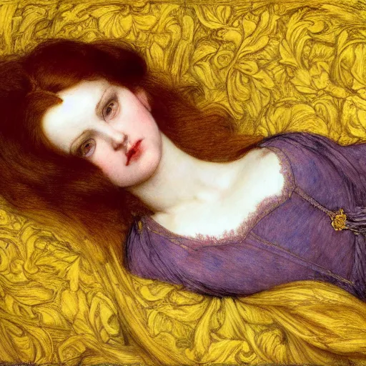 Prompt: preraphaelite photography reclining on bed, a hybrid of judy garland and amy macdonald, aged 2 5, big brown fringe, yellow ochre ornate medieval dress, john william waterhouse, kilian eng, rosetti, john everett millais, william holman hunt, william morris, 4 k