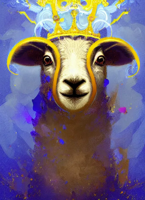 Prompt: a painting of a lamb's face with blue and yellow smoke coming out of, wearing an ornate crown, a digital painting by petros afshar, behance contest winner, digital art, behance hd, digital illustration, digital painting