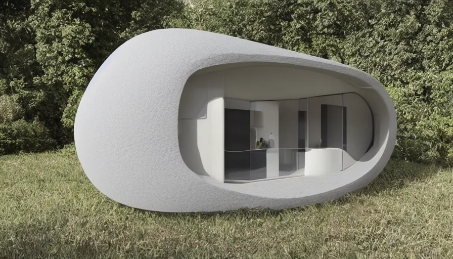 Image similar to A wide image of a full innovative contemporary 3D printed prefab cabin with rounded corners, beveled edges, made of cement, organic architecture, Designed by Gucci, Balenciaga, and Wes Anderson