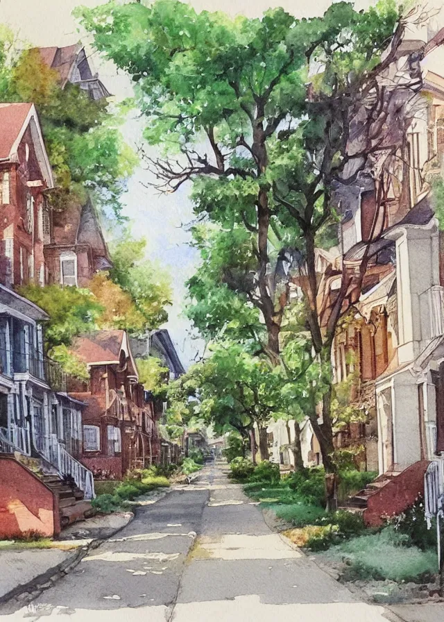 Image similar to street lined with old residential houses summer watercolor by arti chauhan trending on artstation