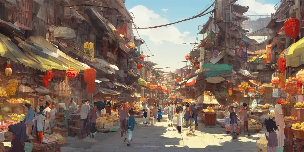 Image similar to Concept art by Makoto Shinkai of a lively, full of life market with merchants spread along an alley full with human activities, Chinese old city, Chinese shophouses, vivid, sunny.