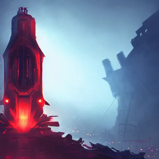 Prompt: a dark twisted metal tower with glowing eyes all staring at a small silhouetted figure in the foreground, dynamic lighting, photorealistic dark sci - fi concept art, trending on artstation, stunning visuals, creative, cinematic, ultra detailed