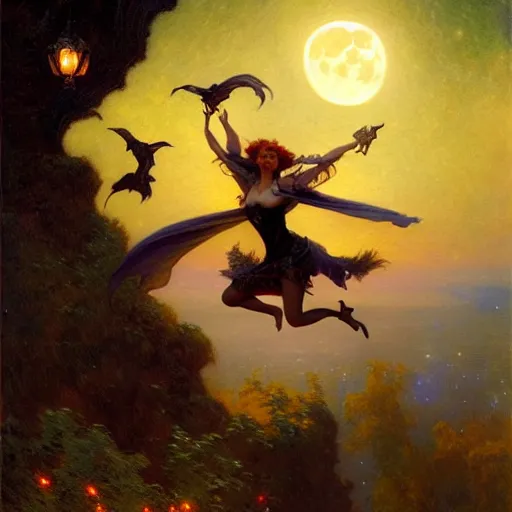 Image similar to attractive witch magically flying trough the night, fantasy, full moon in background. highly detailed painting by gaston bussiere, craig mullins, j. c. leyendecker 8 k