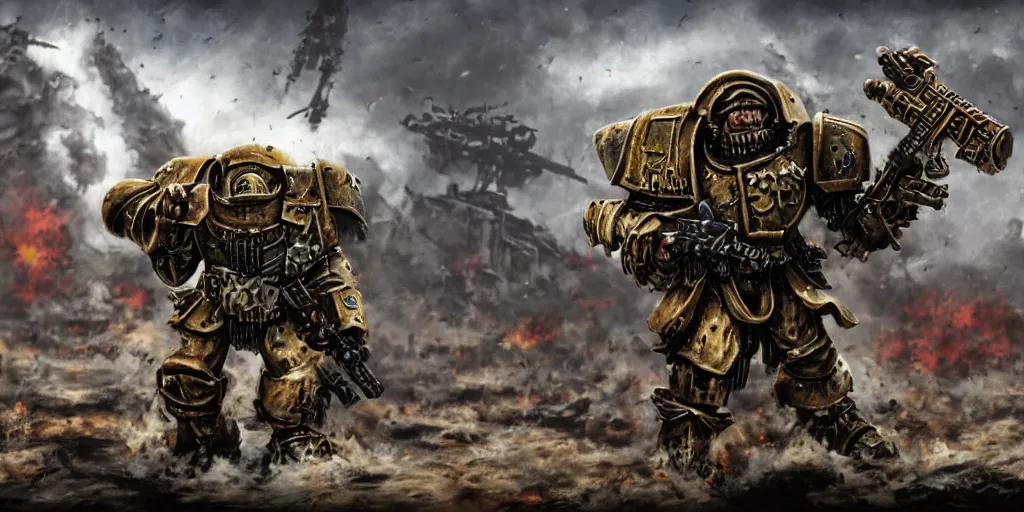 Prompt: warhammer 4 0 k marine, war background, realistic,
